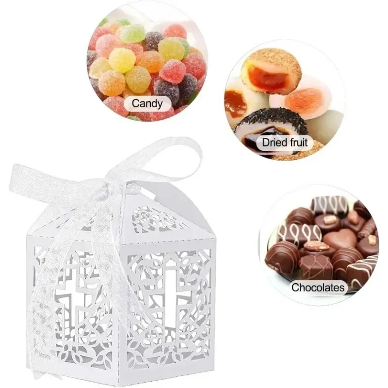 50pcs Cross Laser Cut Gift Candy Boxes Sweet Wedding Party Favor Hollow Carriage Baby Shower Favors With Ribbon Party Decoration