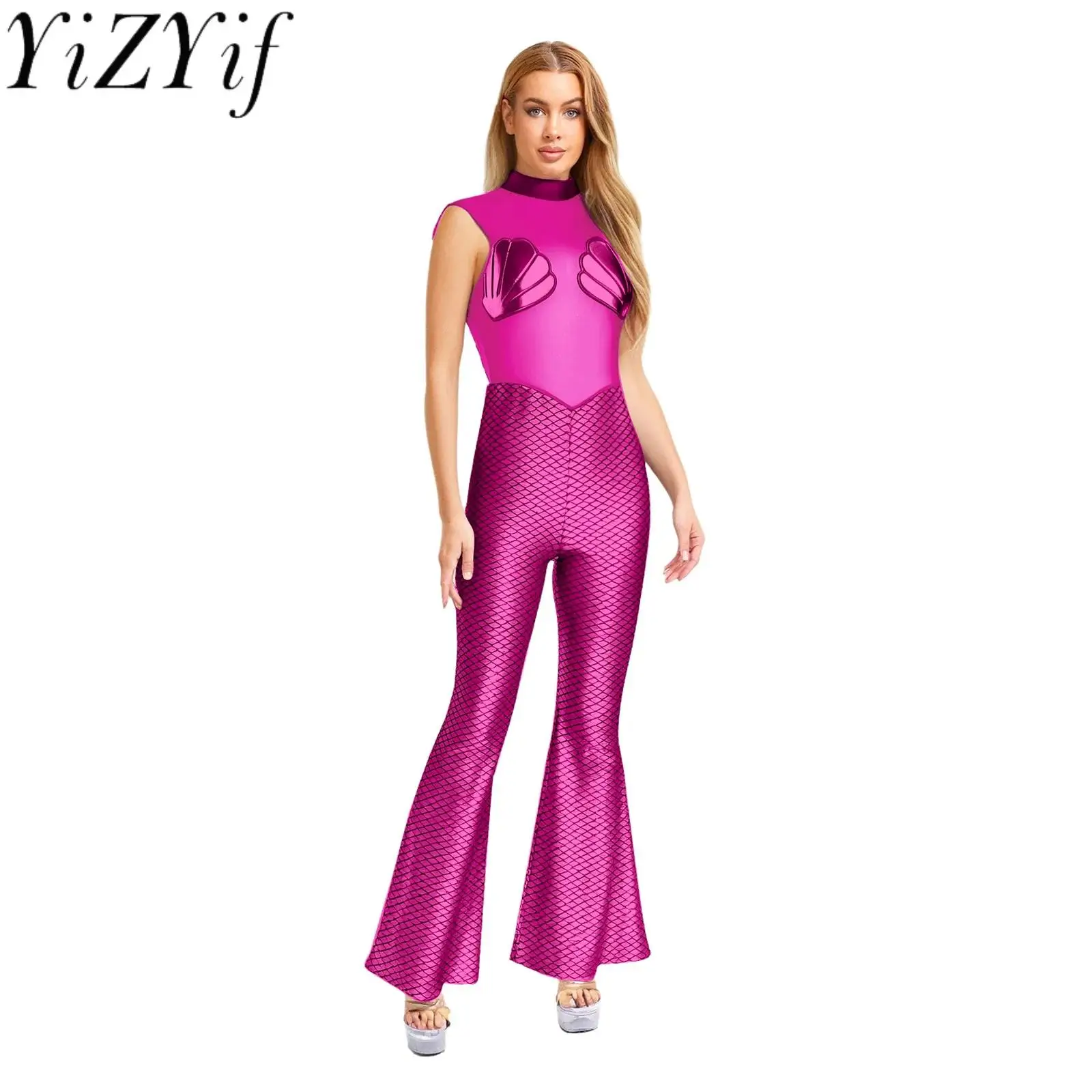 

Women Fish Scale Print Mermaid Cosplay Jumpsuit Scallop Cups Shiny Flared Pant Bodysuits for Mermaid Role Play Beachwear Outfits