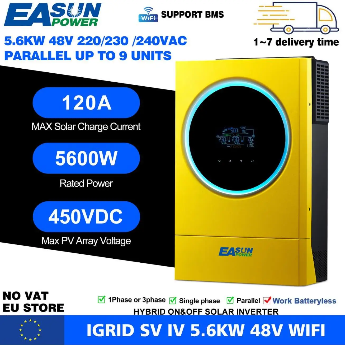EASUN 5.6KW onduleur solaire hybride 48V 120A MPPT réseau marche/arrêt 220VAC LiFePO4 BMS prise en charge parallèle 9 unités sans tva