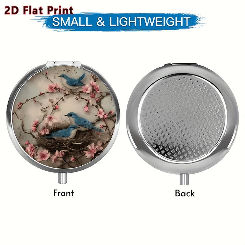 1 Piece of Vintage Flower and Bird Themed Illustration Design with Peach Blossoms and Blue Birds, Round 3-Compartment Mini Flip-Top Distribution Box, Portable Multifunctional Storage Box, Suitable for Family Travel, Portable Storage Container - a Great Holiday Gift for Friends and Family view 2