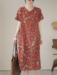 Women Summer Casual Dress New Arrival 2023 Vintage Style V-neck Floral Print Loose Comfortable Female Cotton Long Dresses B2422