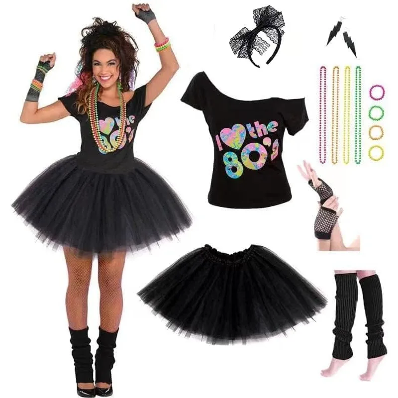 Women's 80s Costumes with Accessories Set Tutu Skirt Earrings Necklace Bracelets Fishnet Gloves Legwarmers Headband 80s Party view 2