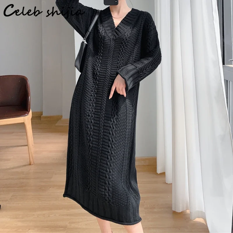 Black Thicken Woolen Dress Women Oversized Winter Fall Vintage Long Knitted Vestido Ladies Office Business Chic Knitwear