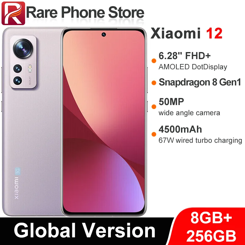 Global Version Xiaomi 12 128GB/256GB Snapdragon 8 Gen 1 6.28" AMOLED Display 50MP+32MP Camera 4500mAh Battery WiFi 6  NFC