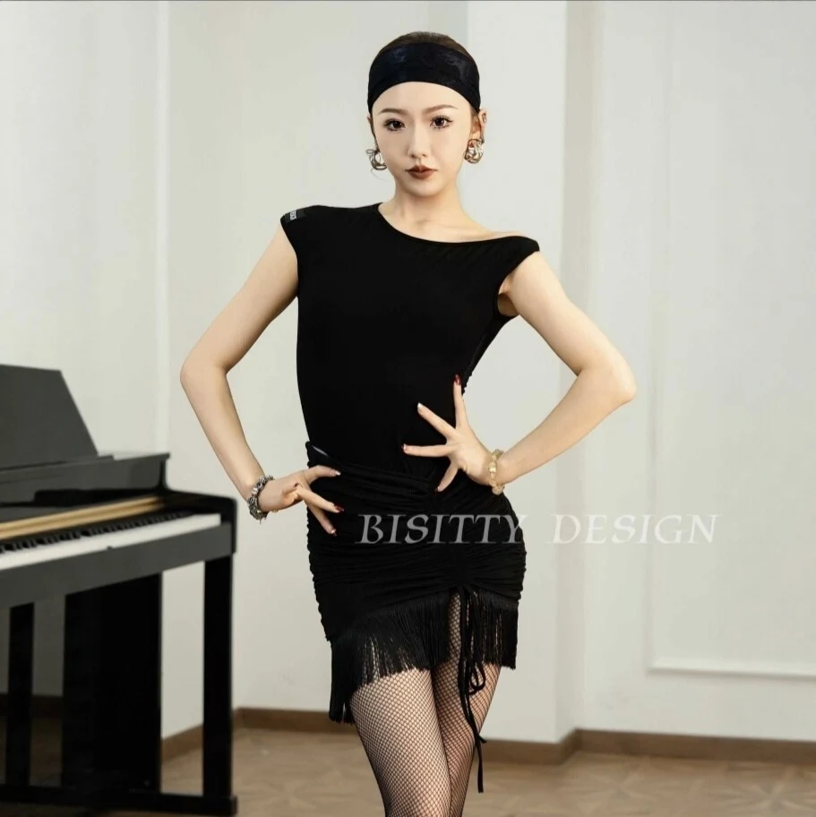 

Slant Shoulder Black Lace Tops Fringed Skirt Black Latin Dance Practice Clothes For Women Club Rumba ChaCha Dance Dresses SS2314