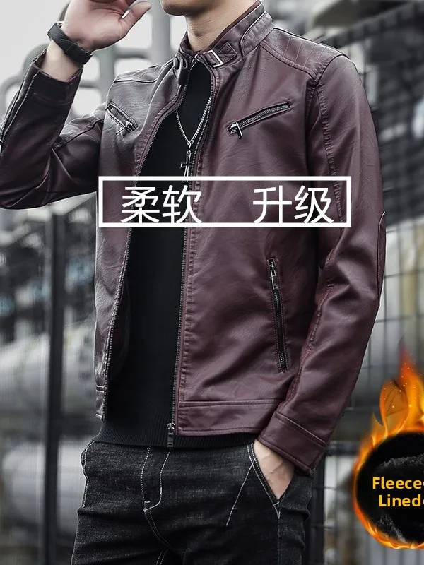 High-End Haifeng Soft Leather Jacket Men's Stand Collar Fleece Lined Trendy Casual Autumn Winter Motorcycle Style Coat