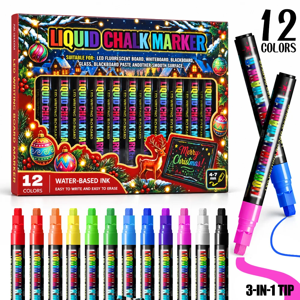 Liquid Chalk Markers 12 Colors Water- Based Erasable Fluorescent Pens for Whiteboard Glass Window Christmas Graffiti Decor Gifts