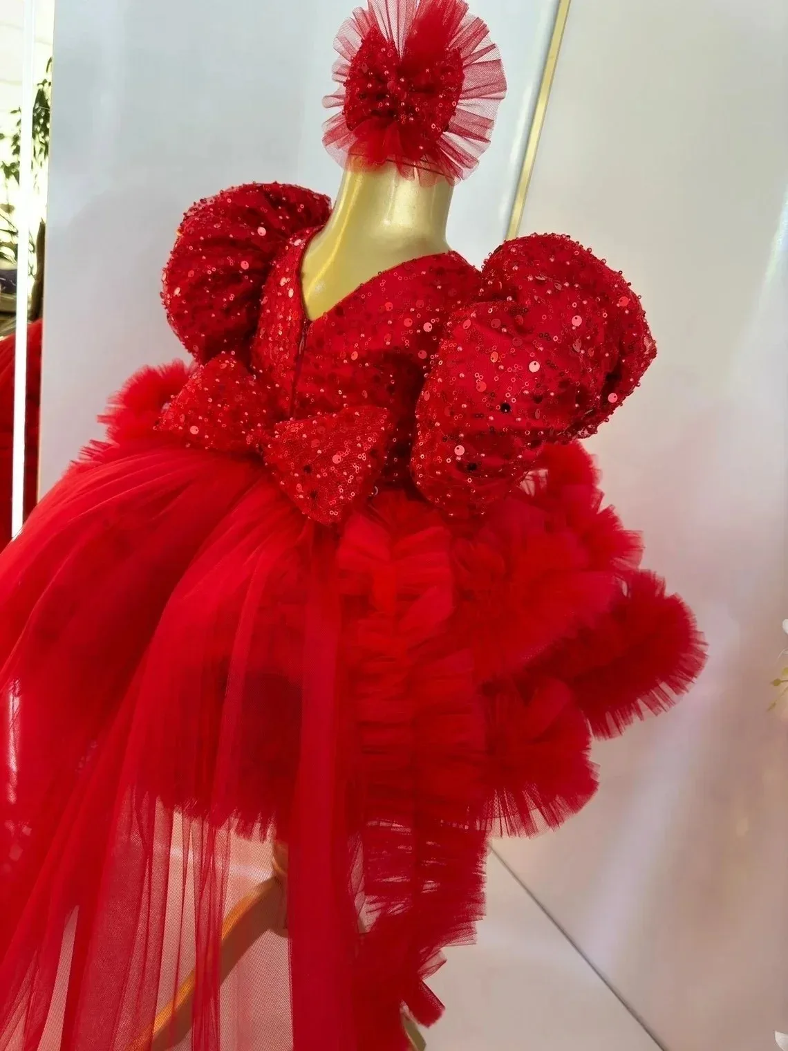 Communion Tulle Tiered Party Banquet Holy With Bow Flower Girl Dresses Appliques Birthday Belt Long Sleeve
