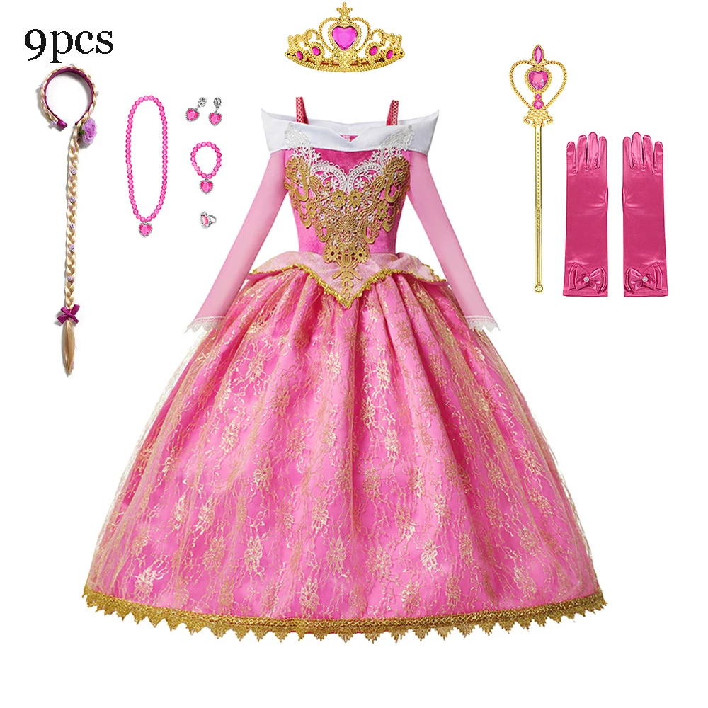 Disney Sleep Beauty Aurora Princess Girl Costume Kids Girl Luxury Birthday Party Rapunzel Frozen Halloween Party Cosplay Outfits