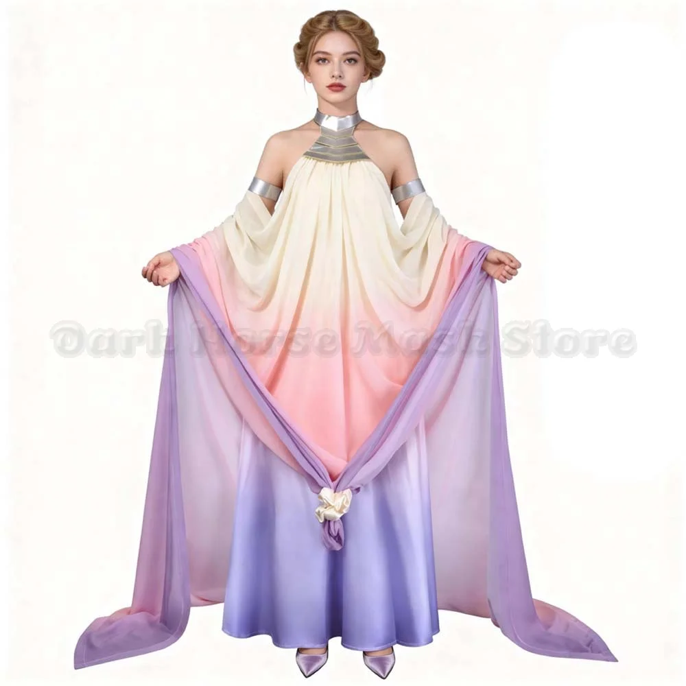 Anime Padme Cosplay Amidala Kleid Kostüm Klassisches Königinnen-Kostüm Langes Elegantes Rückenfreies Kleid Damen Uniform Outfit Halloween Party Anzug