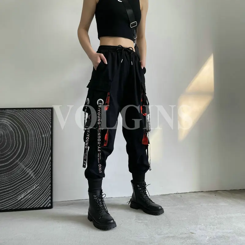 

Women's Cargo Pants Ribbon Pocket Jogger Elastic Waist High Streetwear Harajuku Pant Punk Cotton Females Trousers 2023 New