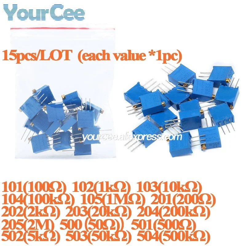 15pcs/lot 3296W 3296 Trimpot Trimmer Potentiometer Kit DIY 50 100 200 500 1K 2K 5K 10K 20K 50K 100K 200K 500K 1M 2M ohm 101