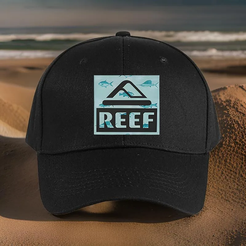 Adjustable Peaked Cap with REEF Logo & Ocean Wave Design  Black Sports Hat for Travel Hiking Running & Outdoor Activities