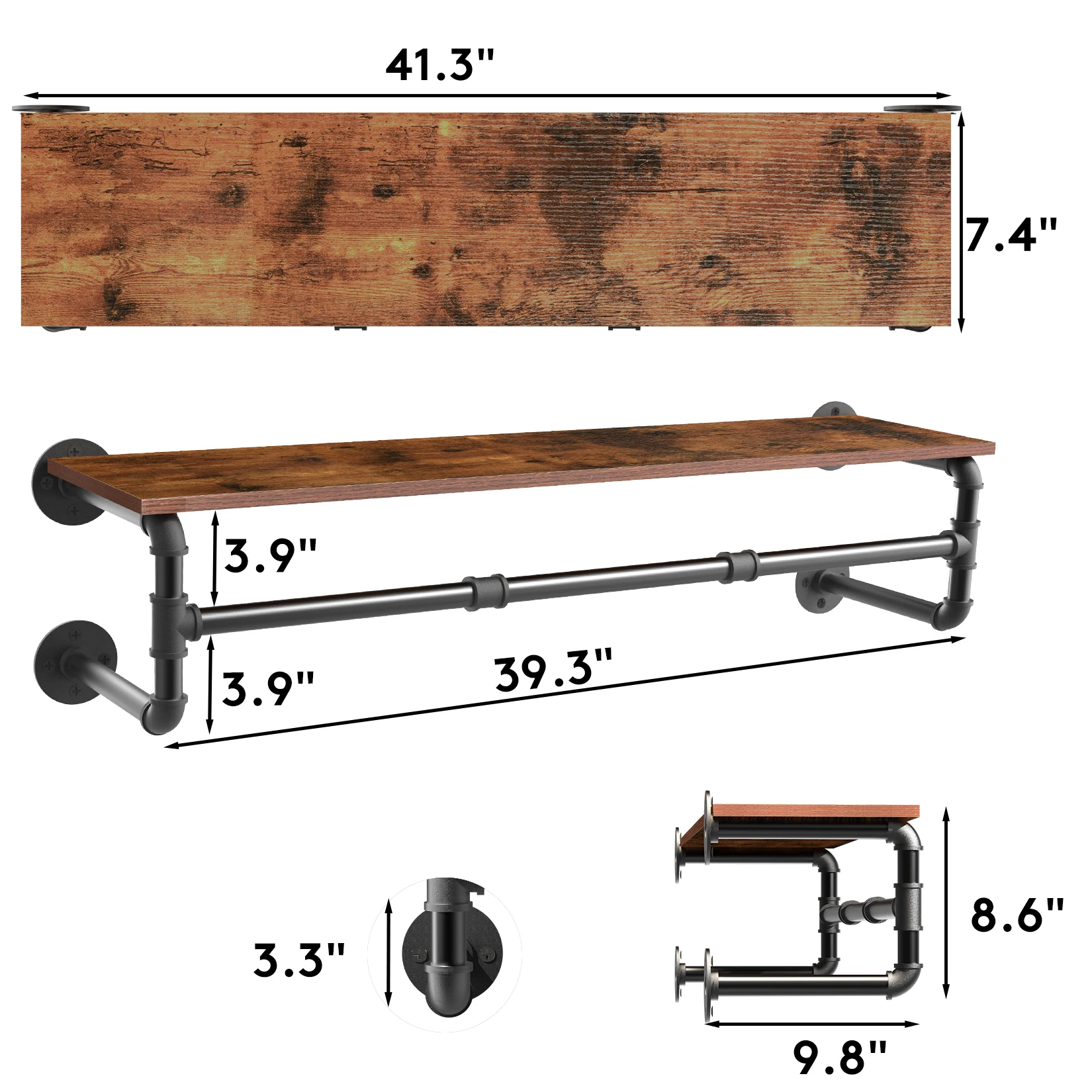 Wall Mounted Industrial Pipe Clothes Hanging Rack with Wood Shelf for Bedroom Living Room Rustic Storage Organizer Rack