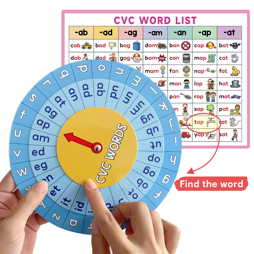 قائمة كلمات مونتيسوري CVC، القرص الدوار لـ CVC Phonics، لعبة الدوارة، وسائل تعليمية لمعلم اللغة الإنجليزية، ألعاب التهجئة، اللوازم المدرسية المنزلية