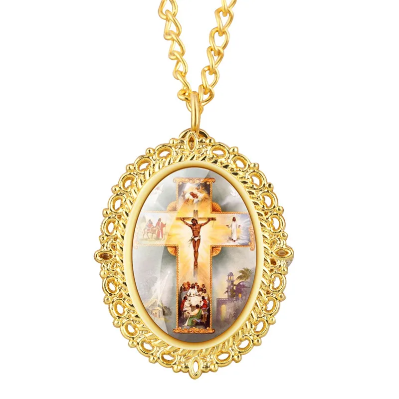 Antike Gelb Gold Jesus Kreuz Design Oval Form Unisex Quarz Taschenuhr Voll Hunter Uhr Pullover Halskette Kette Souvenir