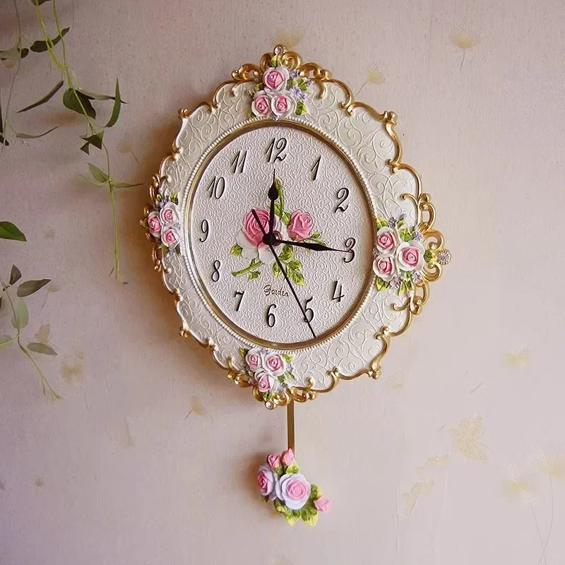 European  Retro resin Pastoral quartz clock Mute style wall clock Muted fashion rose flower round wall clock