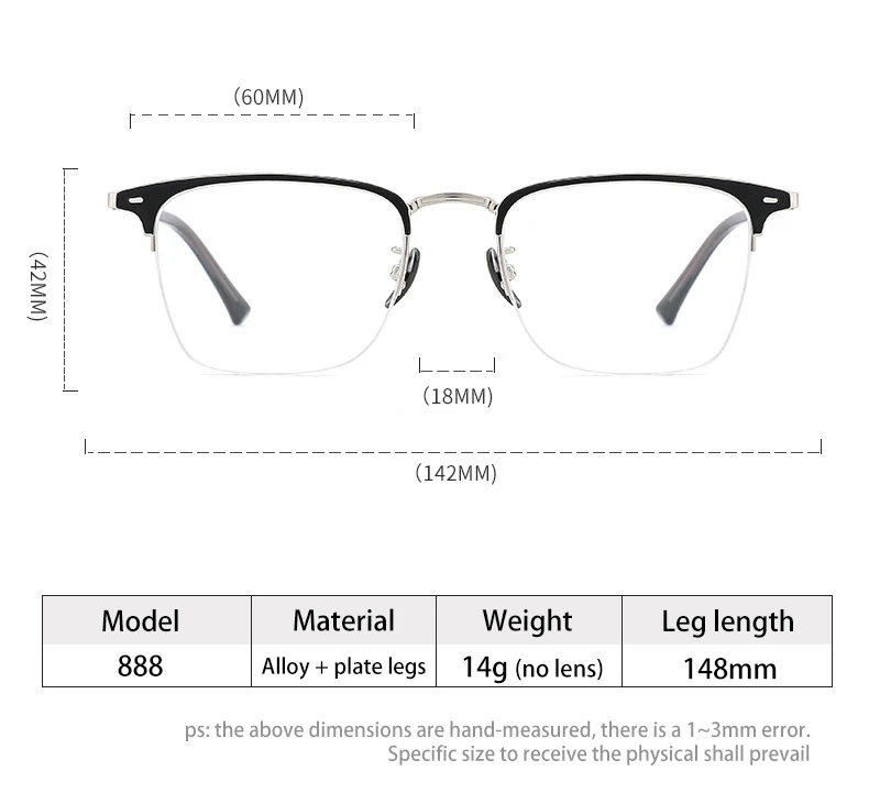VICKY Classic Business Half Rim Eyeglasses Black Reading Glasses Men 888 Retro Anti-Blue Light Frames Customizable prescriptions