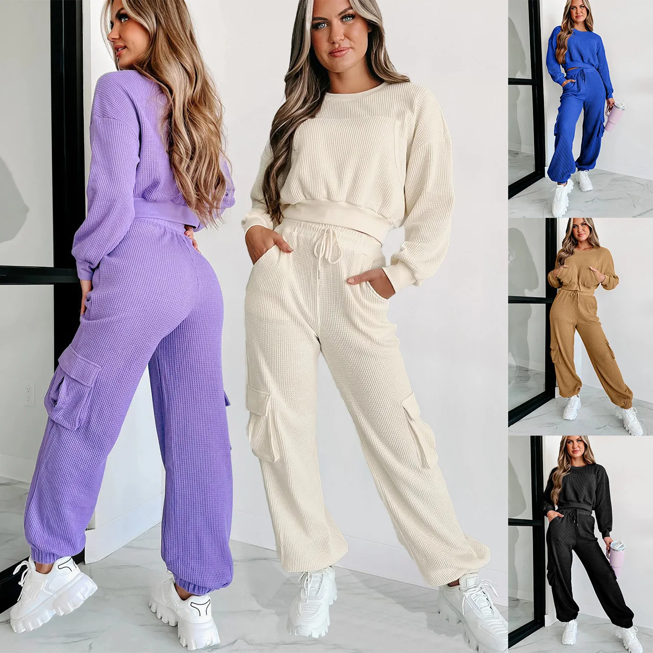 Autumn Winter New Solid Color Pants Sets Women Pocket Short Top Leace-up Trousers Two Piece Set Female Casual Sporty Style Suits