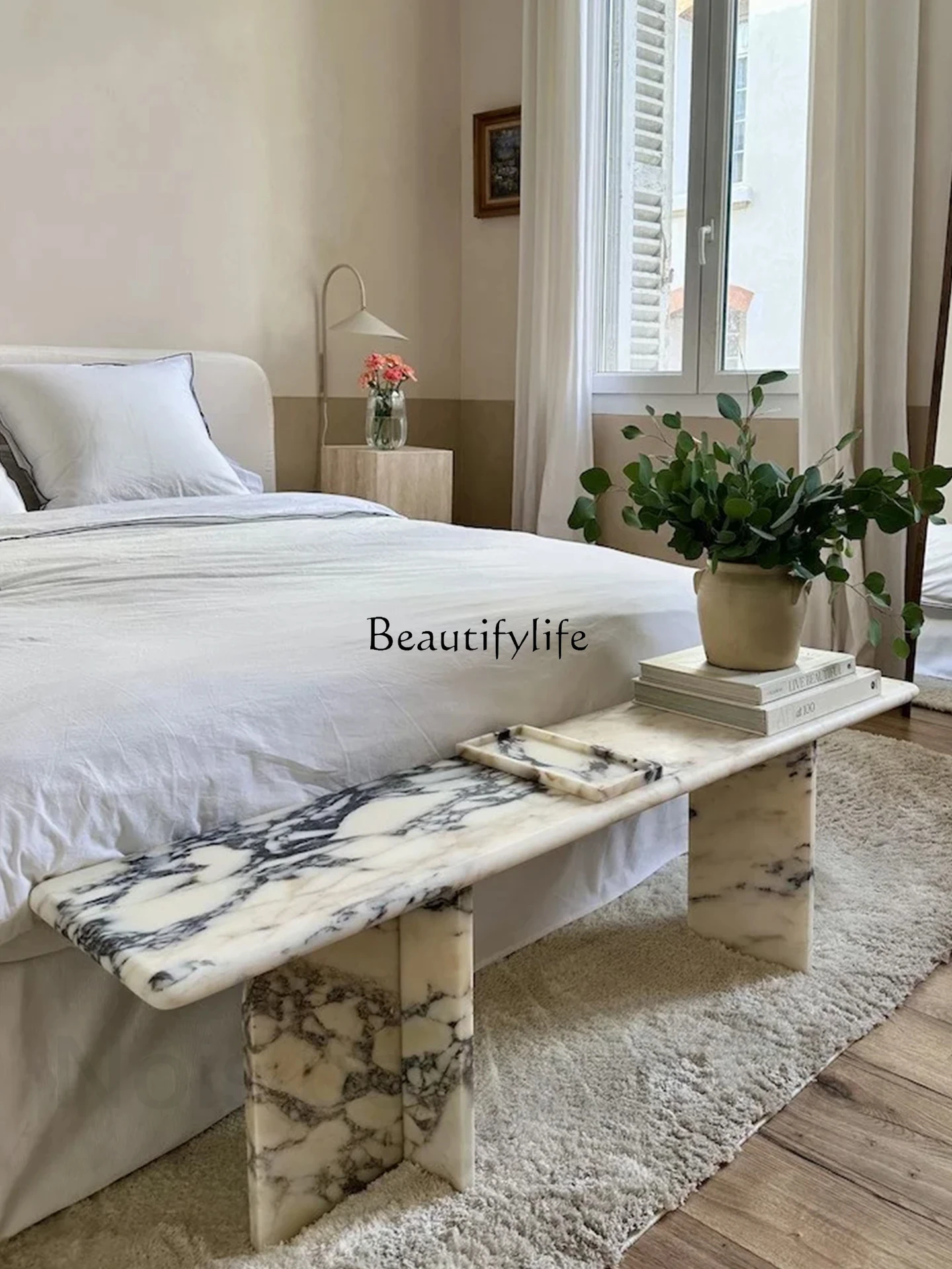 

Modern simple light luxury luxury stone marble long bedside stool villa luxury bedroom