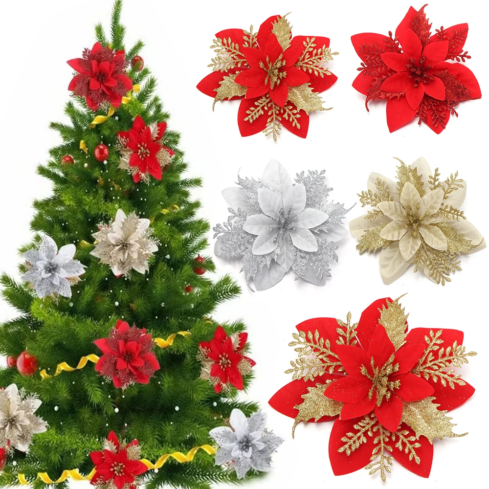 4/8 Stück Rot Gold Silber Weihnachtsblumen-Ornamente Glitzernde Kunstblumen für Weihnachtsbaum, Weihnachten, Neujahrsparty-Dekoration – Detail 2