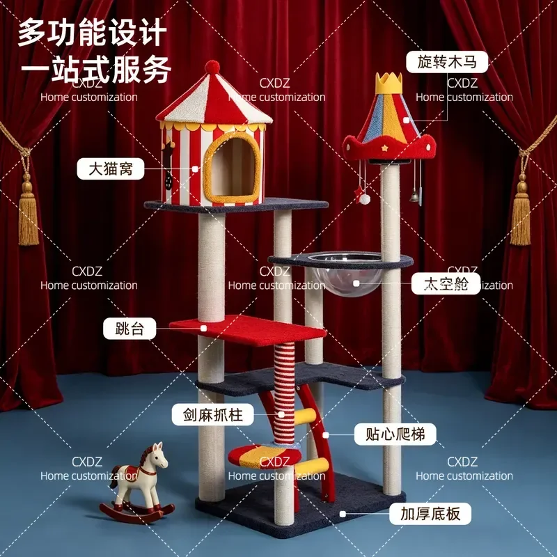 Rotatable Cat Tree with Scratching Posts and Nest Integrated Climbing Frame Jumping Platform Space Saving Multi Cat Activity