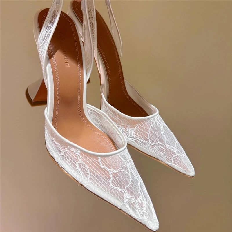 High-heeled sandals summer new pointed lace mesh wine glass heel wedding shoes banquet dress versatile simple women's shoes