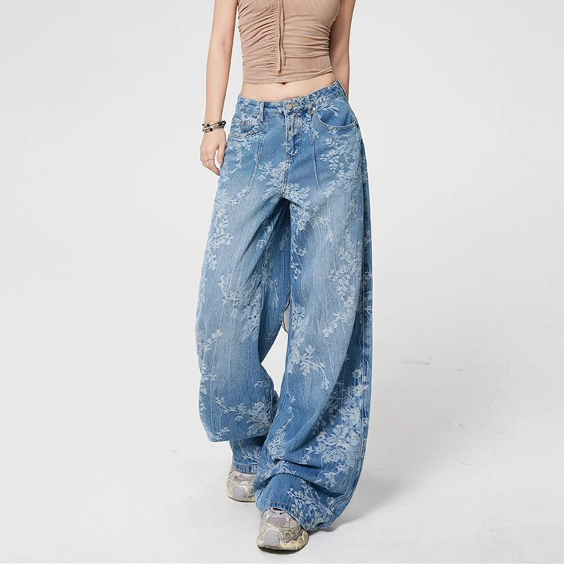FINEWORDS Retro Casual Korean Jacquard Jeans Women Streetwear Washed Blue Jeans Easymatch Full Length Wide Leg Denim Baggy Pants