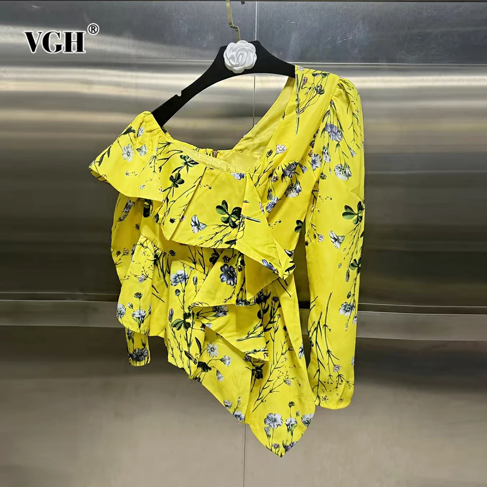 

VGH Hit Color Spliced Zipper Irregualr Blouses For Women Diagonal Collar Sleeveless Patchwork Ruffles Printing Shirt Female New