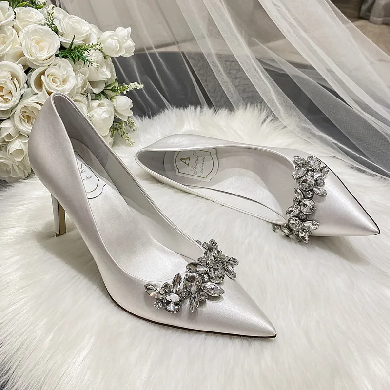 

Wedding shoes, crystal bridal shoes, champagne colored silk dress, bridesmaid shoes, white high heels, fine order shoes