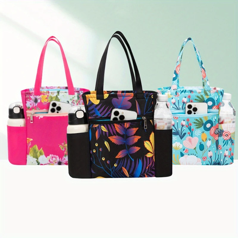 حقيبة حمل مطبوعة ملونة، متعددة الأقسام وجيب جانبي للأكواب، حقيبة يد للتسوق والسفر #1