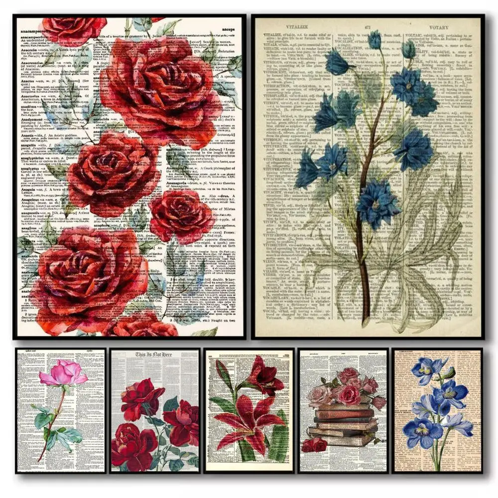 Dictionary Floral Print Painting Calligraphy Canvas Poster Art Anti-wrinkle for Living Room Home Decor Wall Decoration Decals