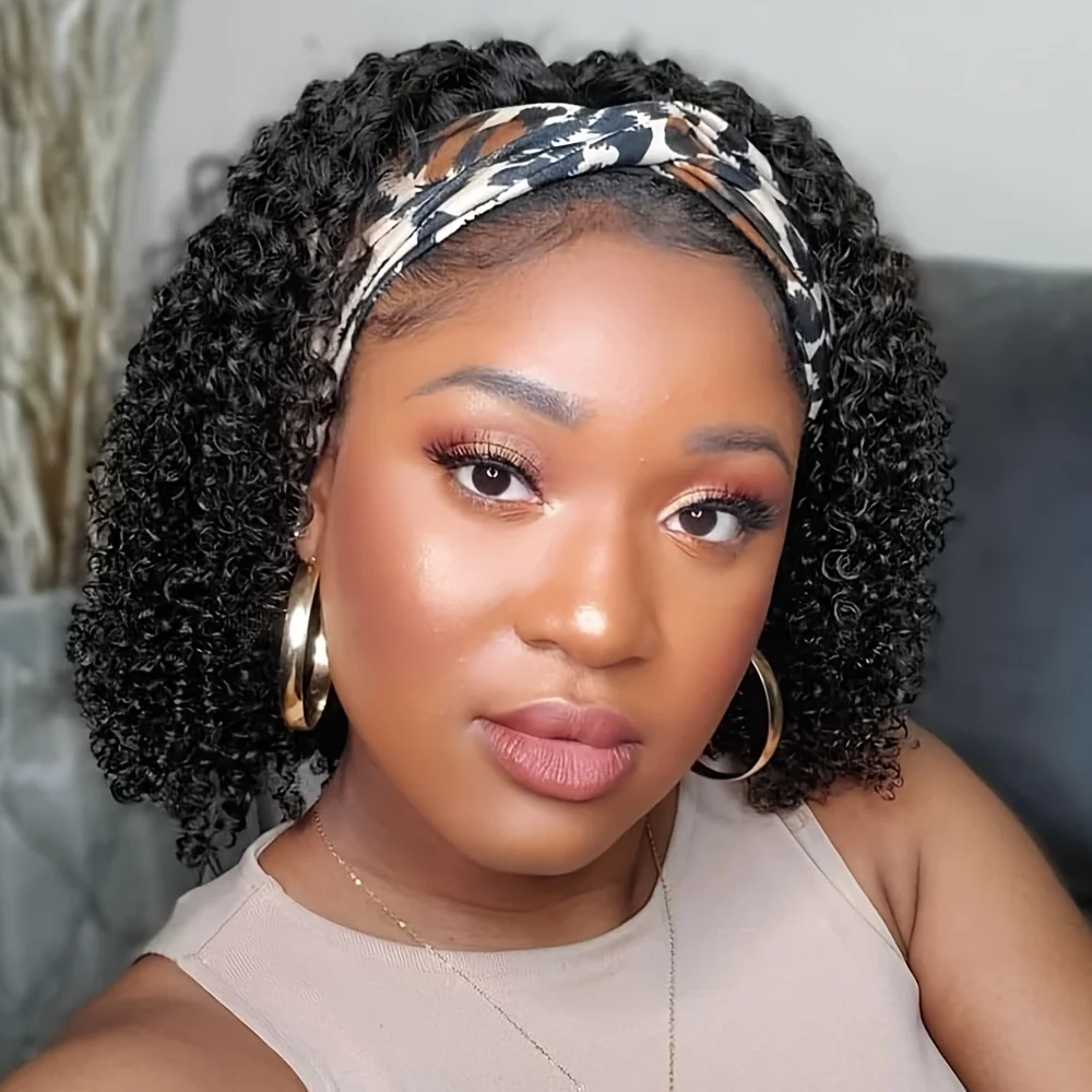

Short Headband Bob Wig kinky curly Wigs For Women 100% Human Hair 200% Density Hair Wig Natural Color Human Hair machine made
