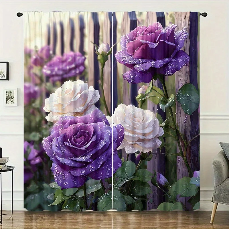 Purple and white rose printed curtains, installed using pocket rods, suitable for bedrooms, living rooms, balconies, decoratio