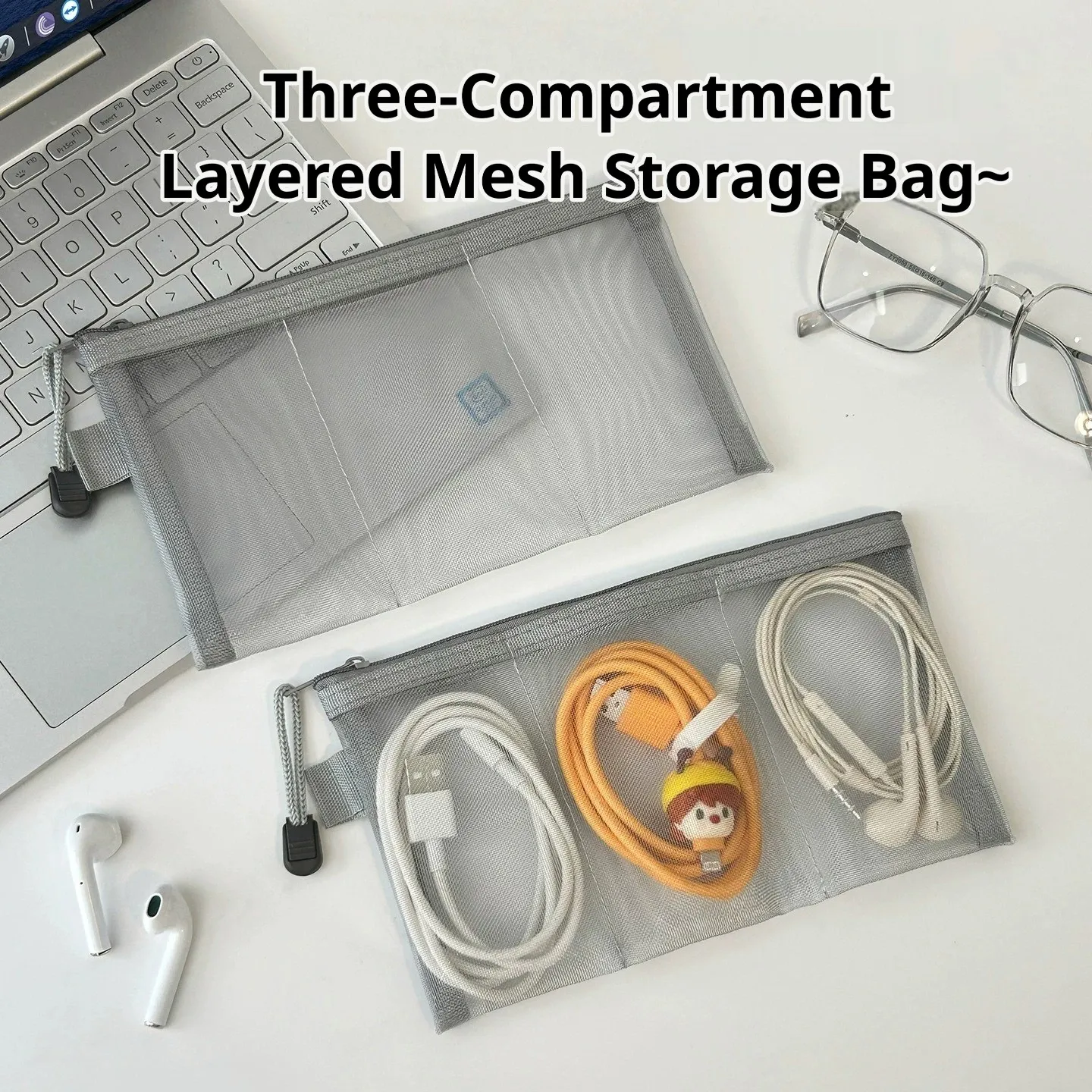 Three-Compartment Layered Mesh Storage Bag, Transparent Storage Pouch, Portable Travel Organizer for ID Cards, Data Cables