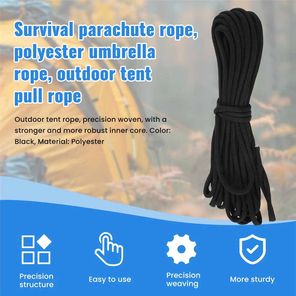 New Paracord 550 Parachute Rope 7 Core Strand for Climbing Camping Buckle Rope Black 25FT