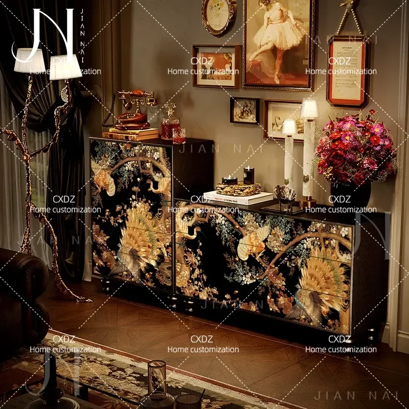 French Chinese style golden silk peacock solid wood five buckets six buckets cabinet living room against the wall storage