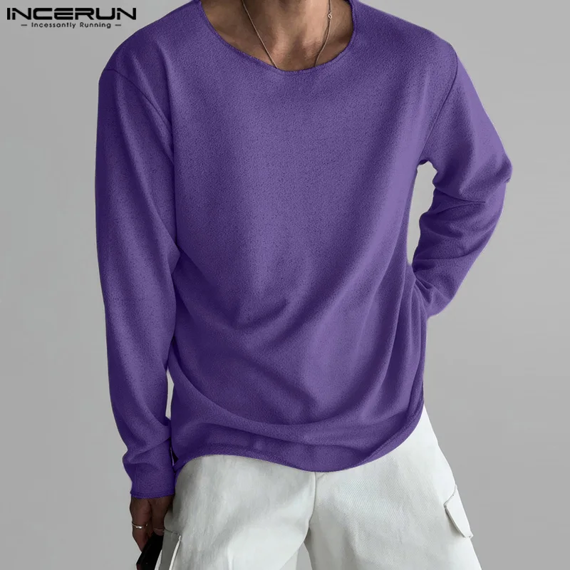 Stylish Well Fitting Tops INCERUN Mens Loose Textured O-neck Design T-shirt Male Summer Casual Solid Long Sleeved Camiseta S-5XL