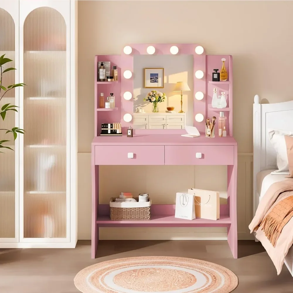 

Desk with Mirror, Small Vanity with Power Outlet, Vanitys Desk with 3 Lighting Modes & 10 LED Bulbs- Pink