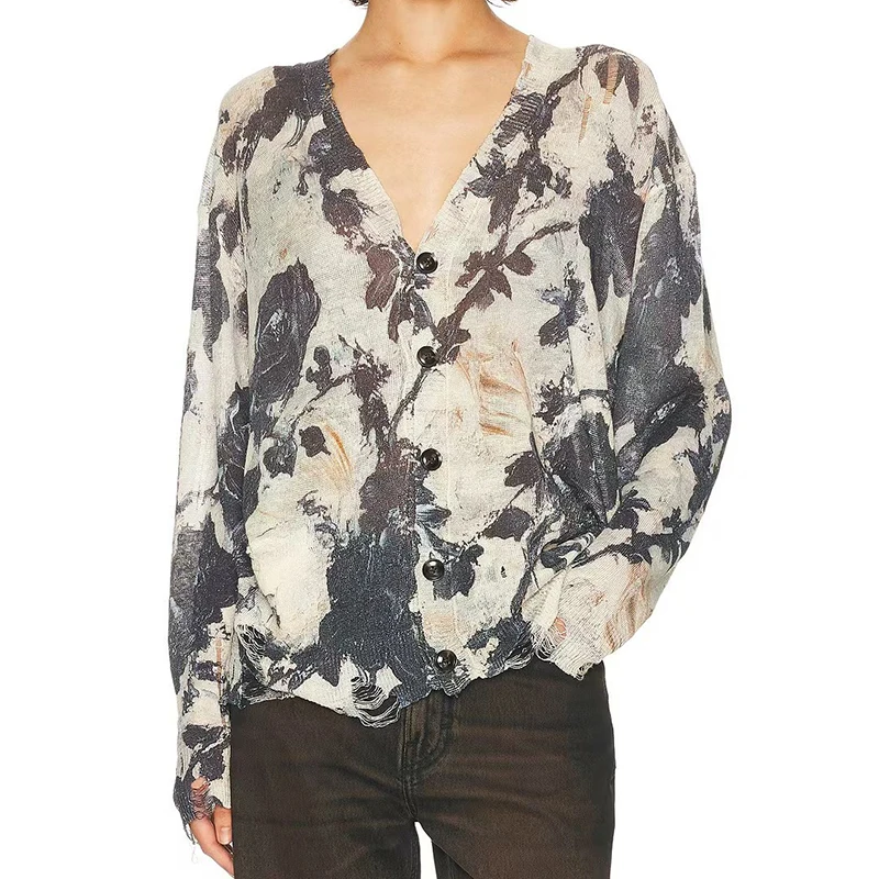 

Fashionable ripped V-neck top, high-quality shirt, autumn, new style, 2025, women's ripped printed linen knit cardigan