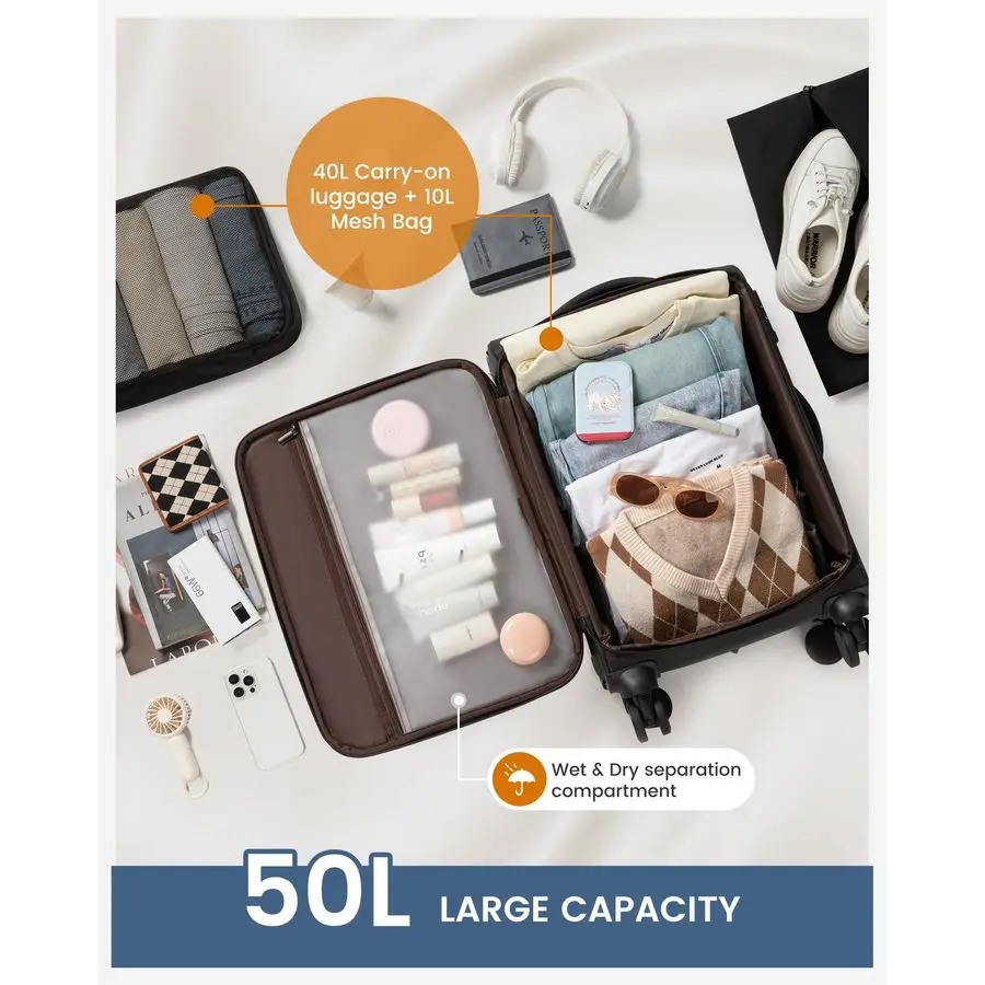 على الأمتعة 22 × 14 × 9 معتمدة من شركة الطيران، حقائب مقاس 22 بوصة مع عجلات دوارة، حقيبة حمل ناعمة مع قفل TSA للرجال والنساء #5