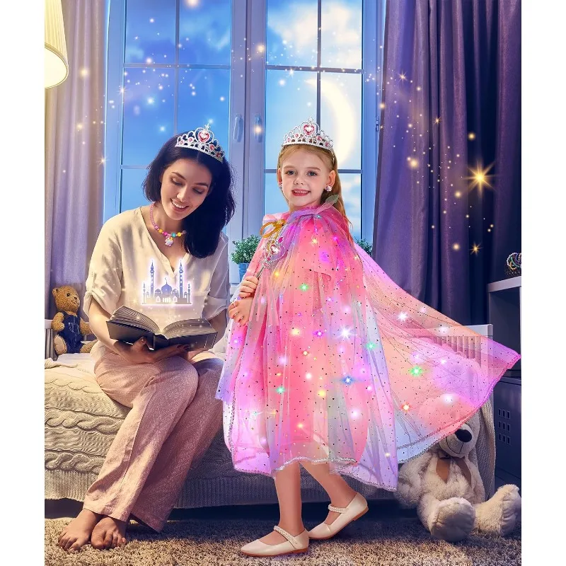 Princess Costume Set for Girls - Light Up Cape, Dress, Crown & Wand - Christmas Glow Party Dress Up Stage Wear for 3-8 Years