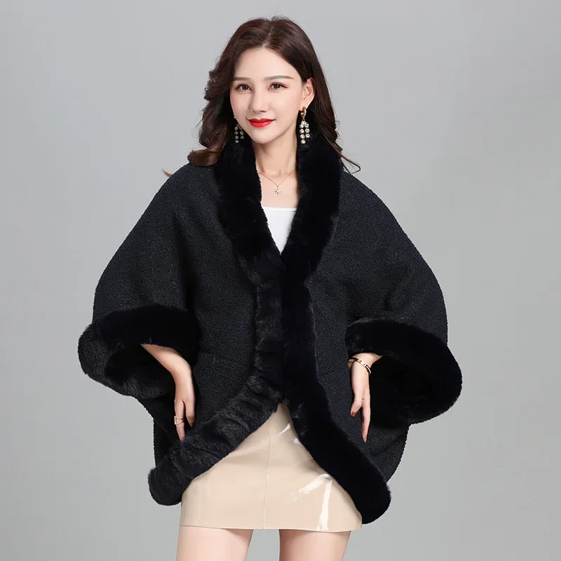 

6 Colors Winter Women Short Streetwear Cloak Faux Rabbit Fur Collar Granular Velvet Cape Poncho Batwing Sleeves Loose Overcoat