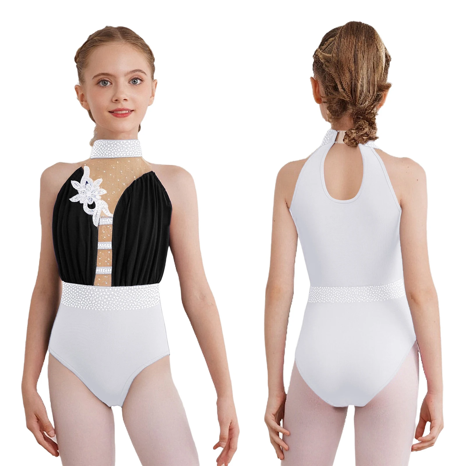 

Kid Girls Applique Dance Figure Skating Leotard Gymnastics Sleeveless Sheer Mesh Patchwork Rhinestones Bodysuit Ballet Dancewear