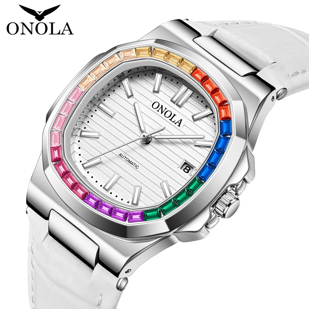 ONOLA Men Watches Luxury Classic Design Quartz Watch Fashion Rainbow Ice Diamond Waterproof Leather Strap Business Man Clock New