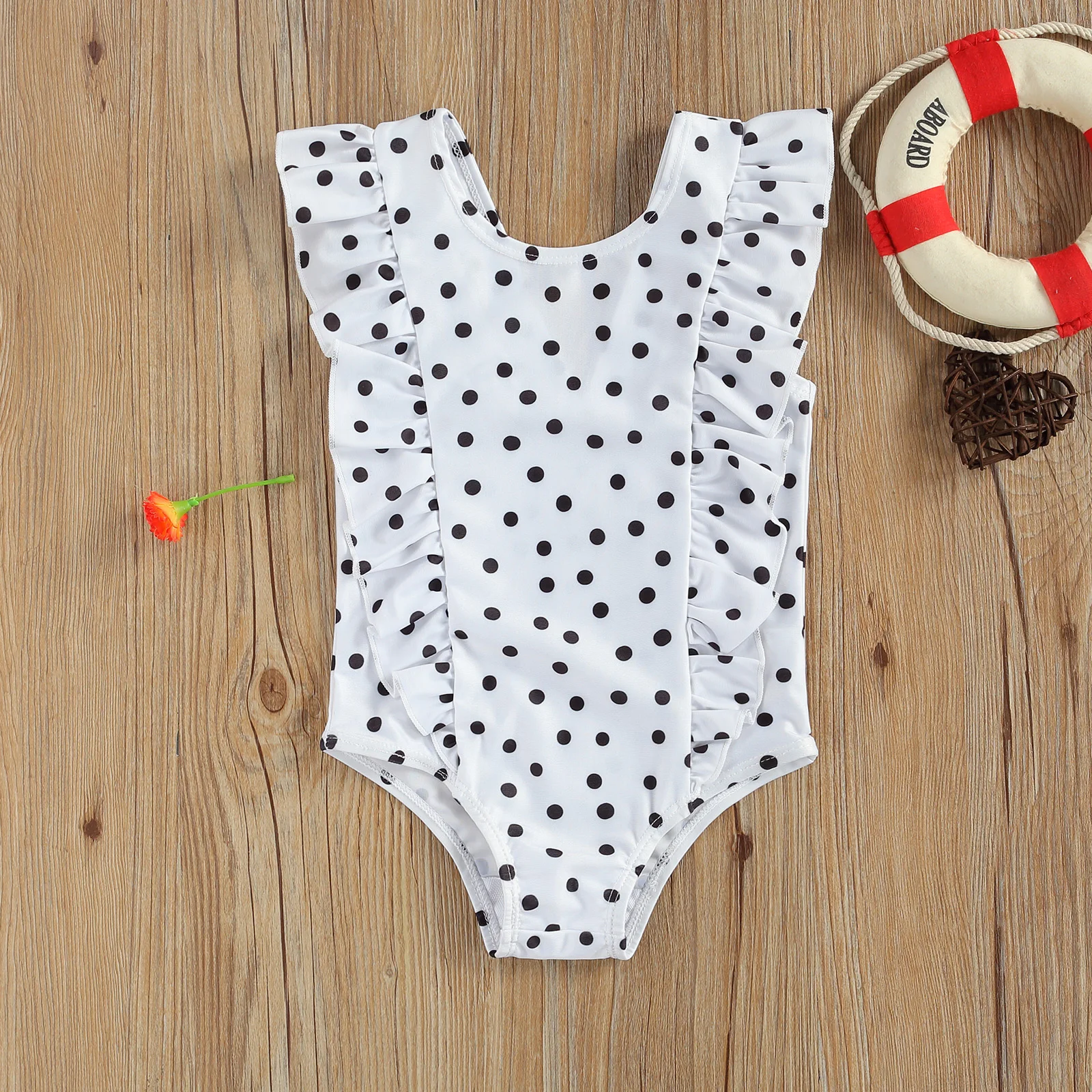 1-5Y Girls Bodysuit Swimsuit Cute Black White Wave Point Sleeveless Swimwear Kids High Waist Round Dot Swimwear Children