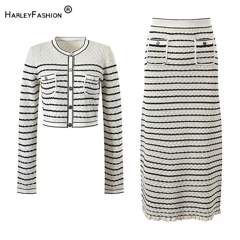 2024 Vintage Style Lady Striped Suit O-neckline Long Sleeve Single-breasted Cardigan Slim Skirt Women Knit 2Pcs