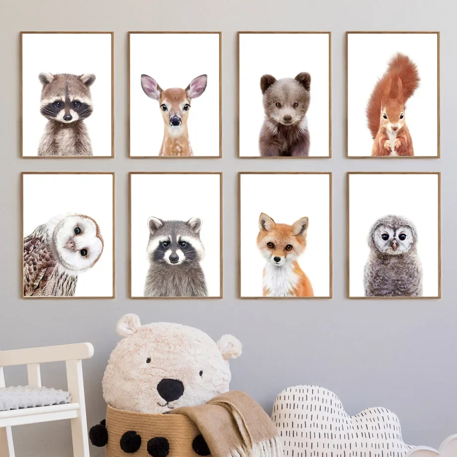 Cartoon Forest Animals Raccoon Fox Owl Squirrel Bear Wall Art Canvas Painting Nordic Posters And Prints Wall Pictures Kids Room