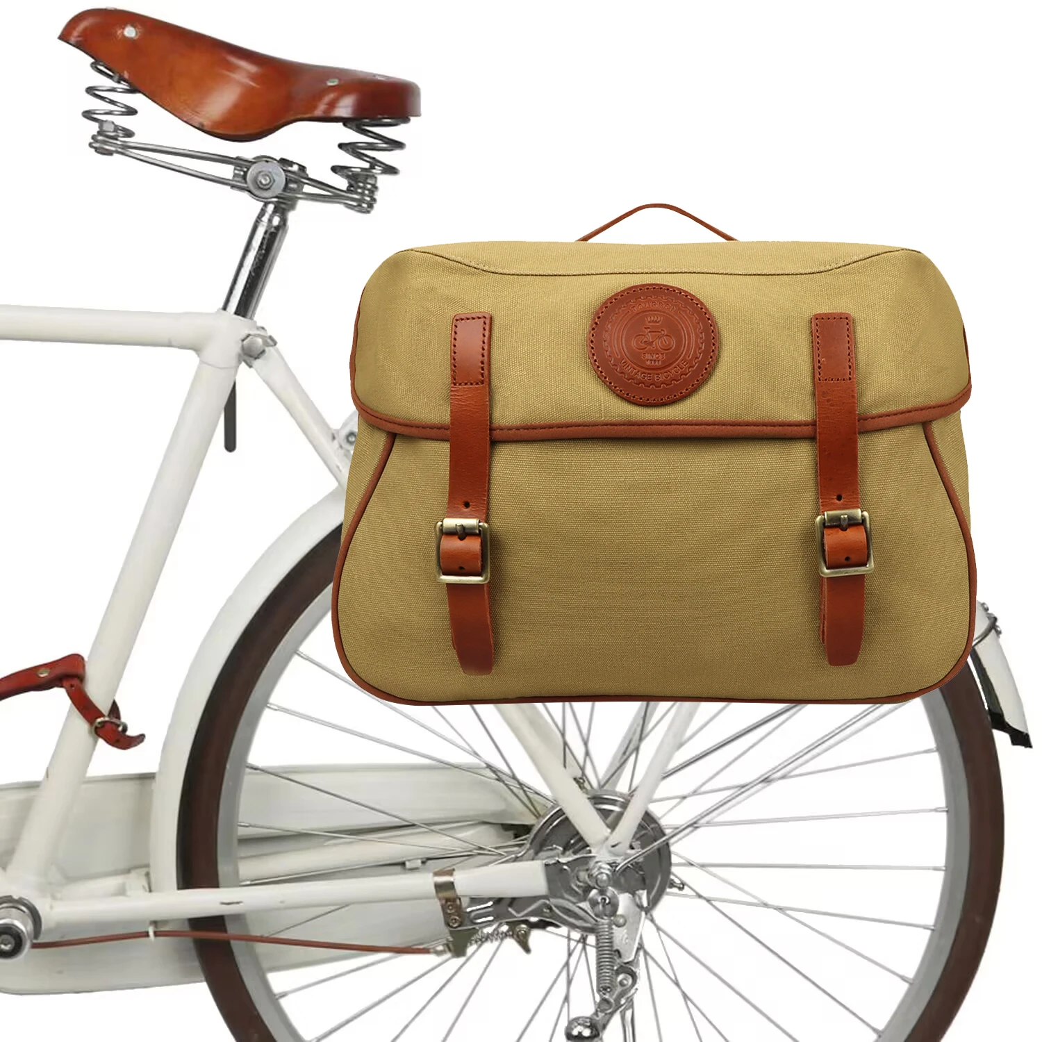 

Tourbon Vintage Bicycle Pannier Bag Rear Rack Trunk Bike Backseat Luggage Double Saddle Bag Retro Waxed Waterproof Canvas Khaki