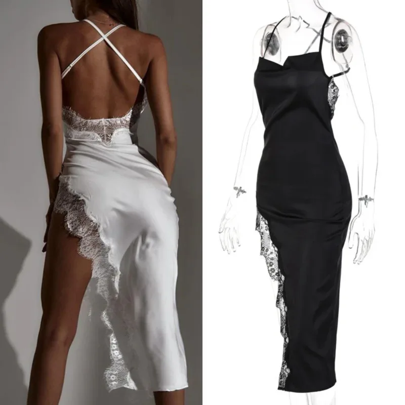 

2025 Sexy Black Satin Bodycon Dress For Women New Lace Trim Backless Design Spaghetti Straps Clubwear Midi Dress For Party Night